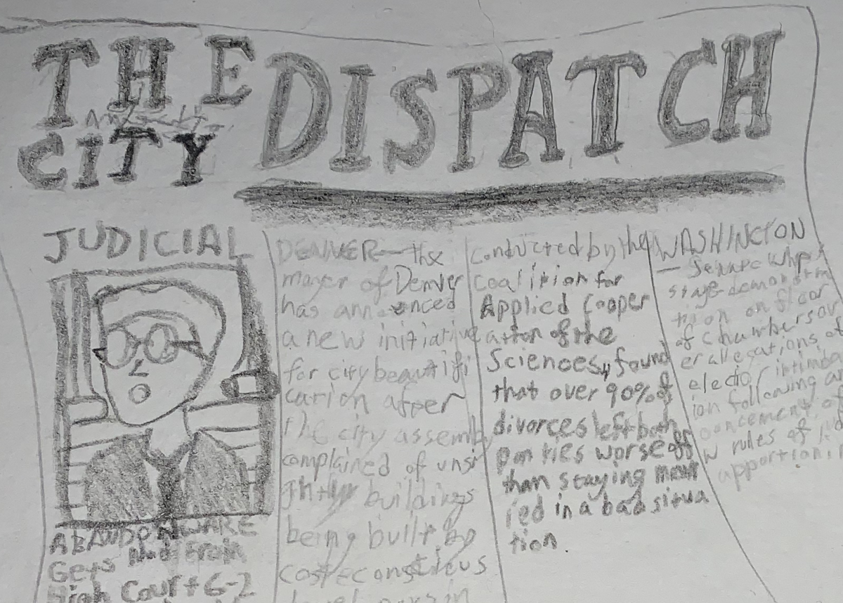 Image of a newspaper with various future stories. Masthead states this is The [garbled] City Dispatch